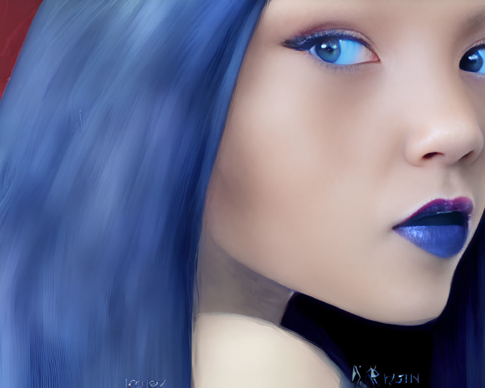 Vibrant blue hair, eyes, and lips on digital portrait against red background