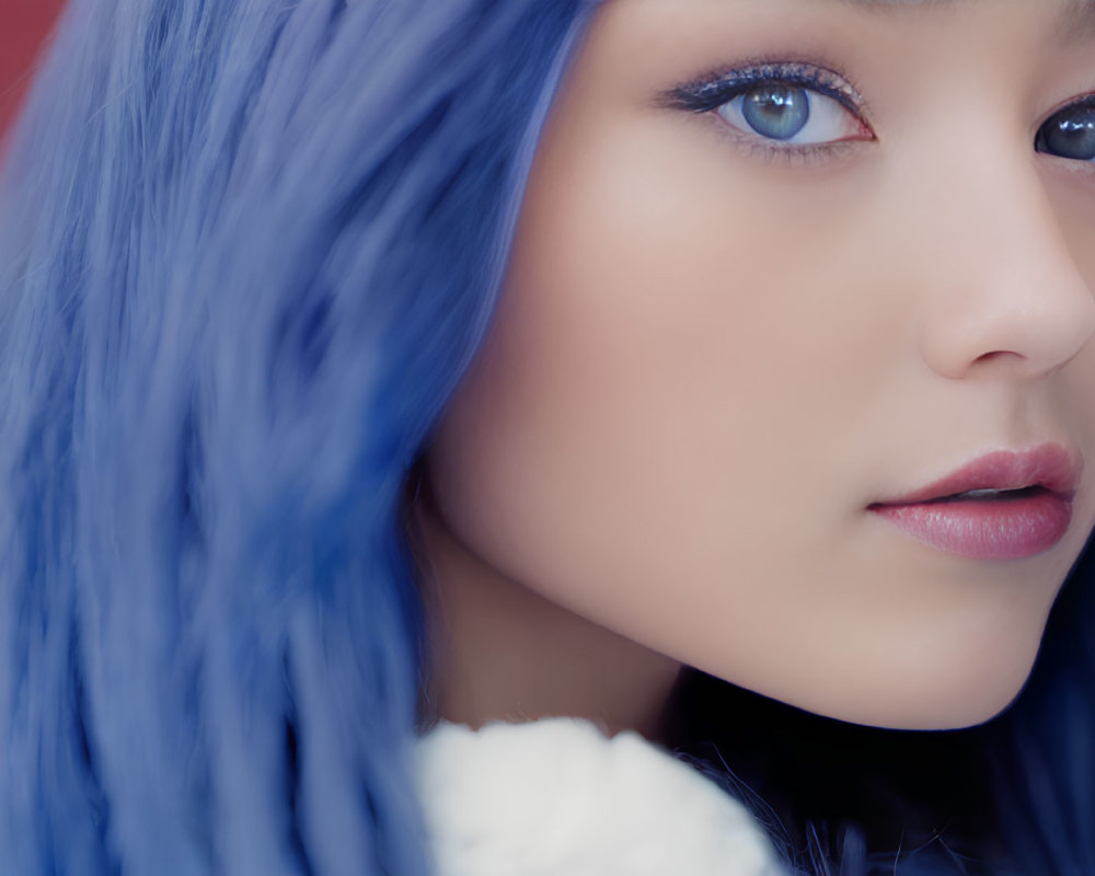 Close-up of person with striking blue hair and intense blue eyes against red background