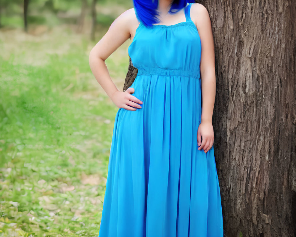 Blue-haired person in long dress by tree in grassy setting