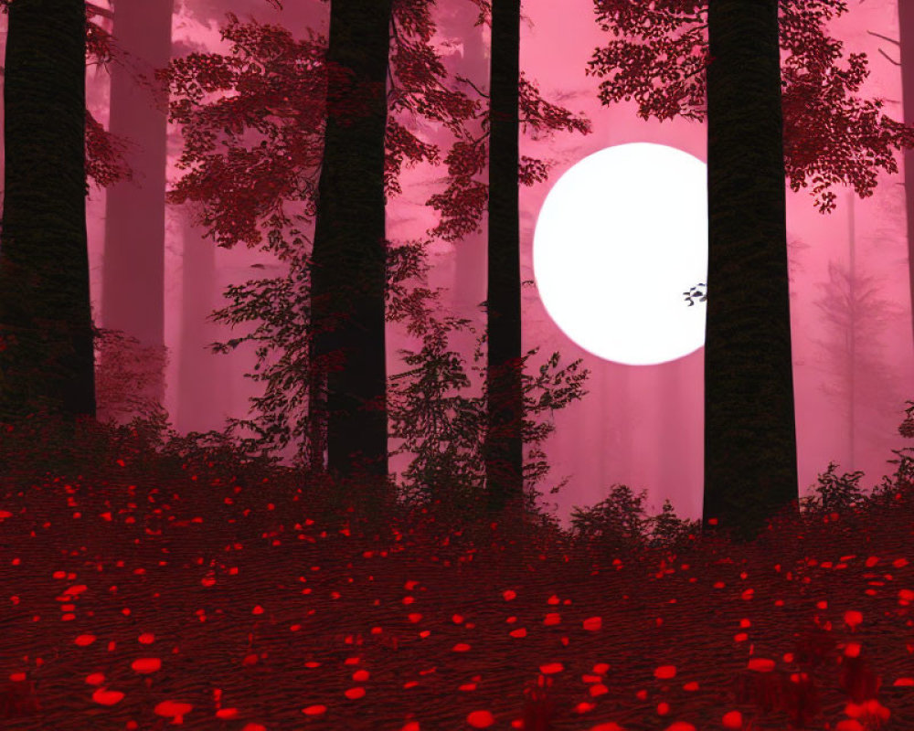 Crimson Forest with Tall Trees, Red Flowers, and White Moon