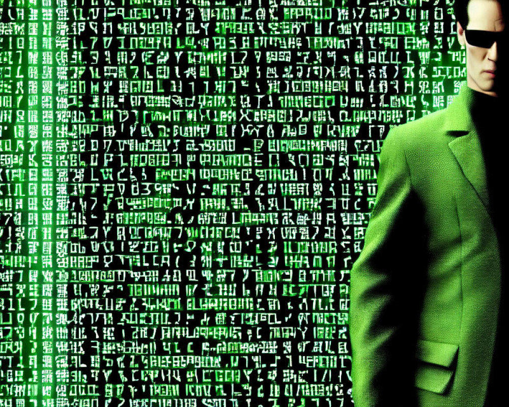 Man in Black Sunglasses and Green Suit with Matrix Digital Code Background