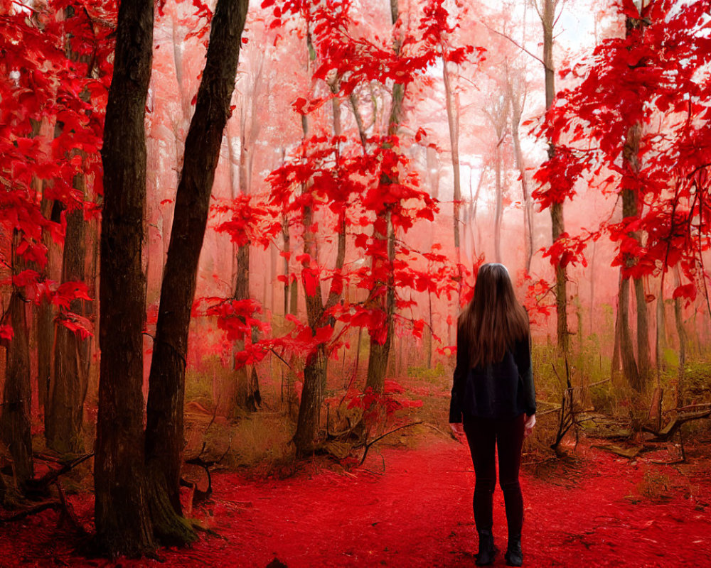 Person standing in vibrant red forest with fog and red leaf trees