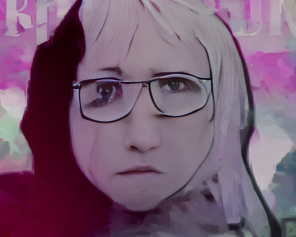 Digitally altered image of person with glasses and blonde hair in pink and purple hues.