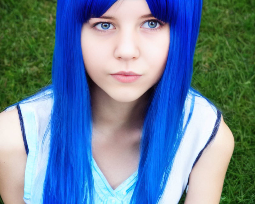 Blue-haired person with blue eyes in front of green grass background