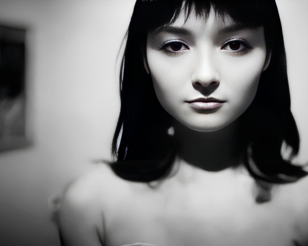 Portrait of Young Woman with Dark Hair and Bangs Staring at Camera