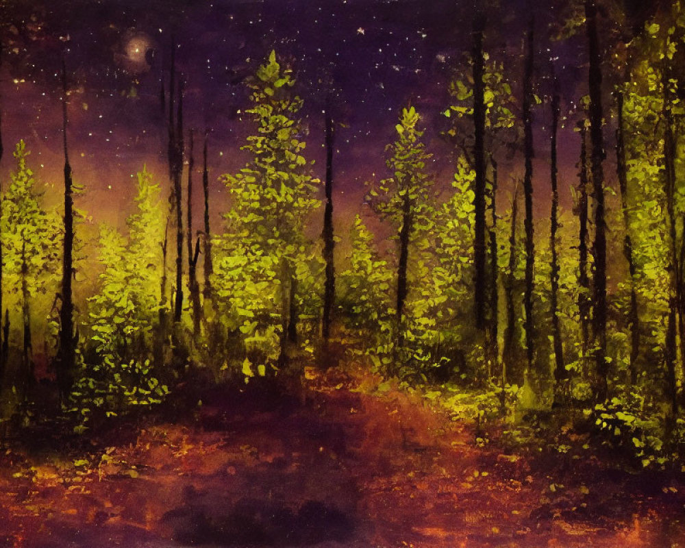 Mystical forest painting with tall trees under night sky