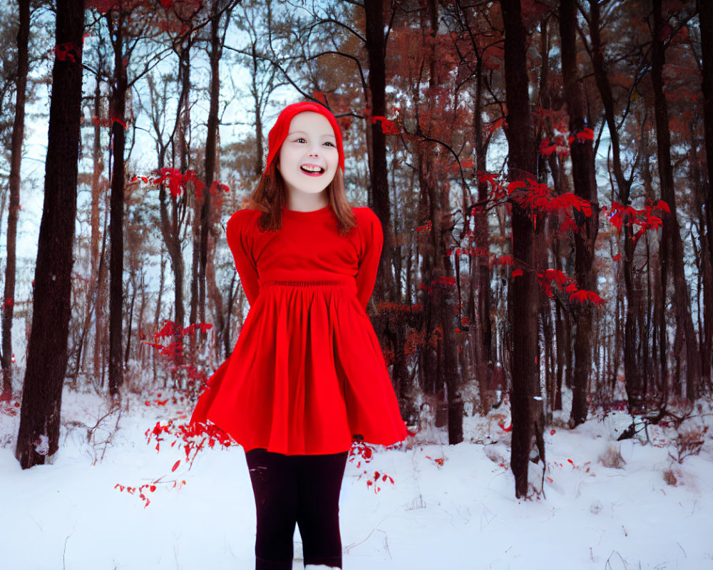 Smiling girl in red dress and beanie in snowy forest