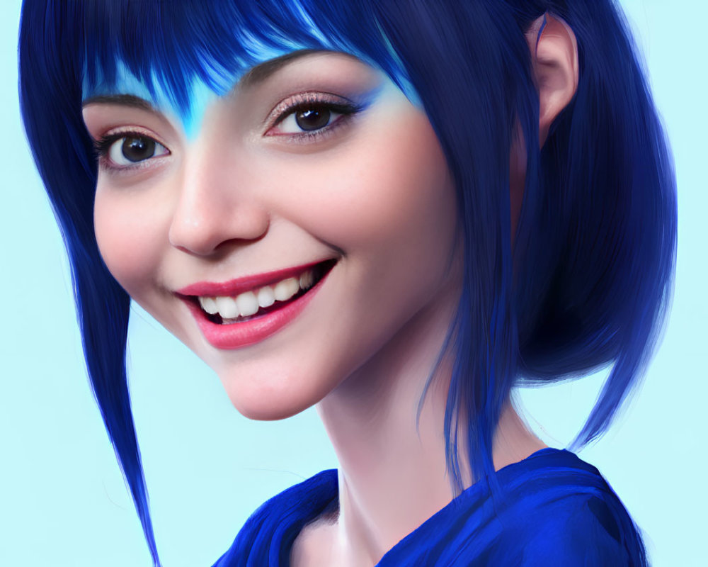 Smiling woman with blue hair and eyeshadow on blue background