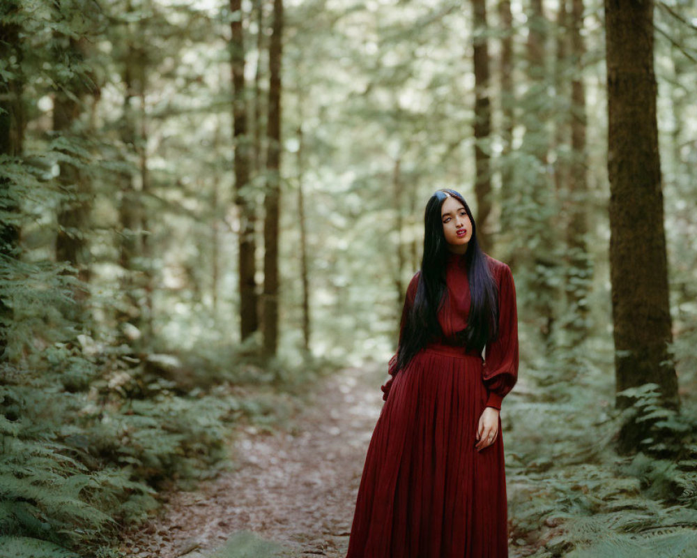 Woman in red dress on forest path with tall green trees and ferns