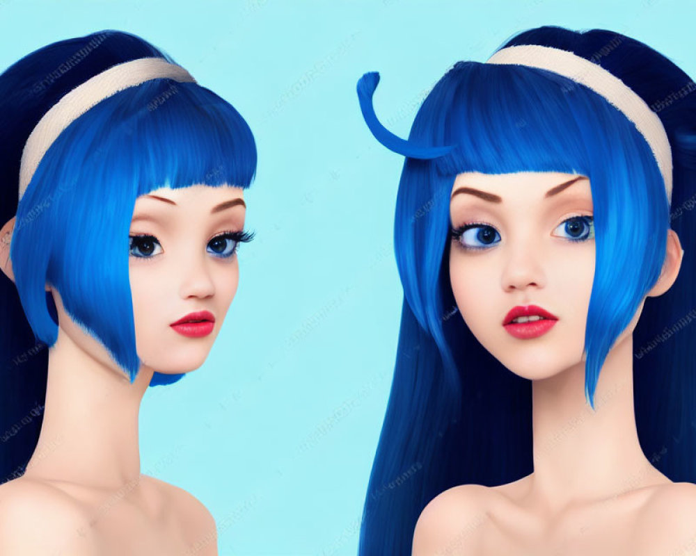 Bright blue hair 3D female character illustrations on blue background