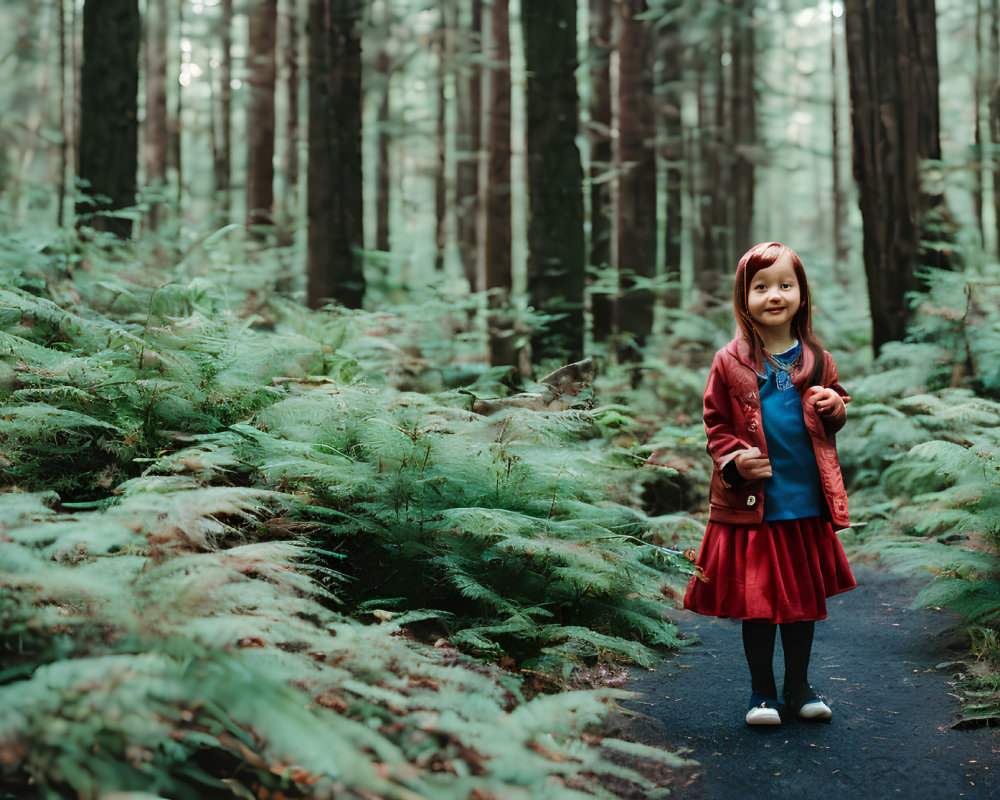 Young girl in red coat and skirt surrounded by lush ferns in misty forest