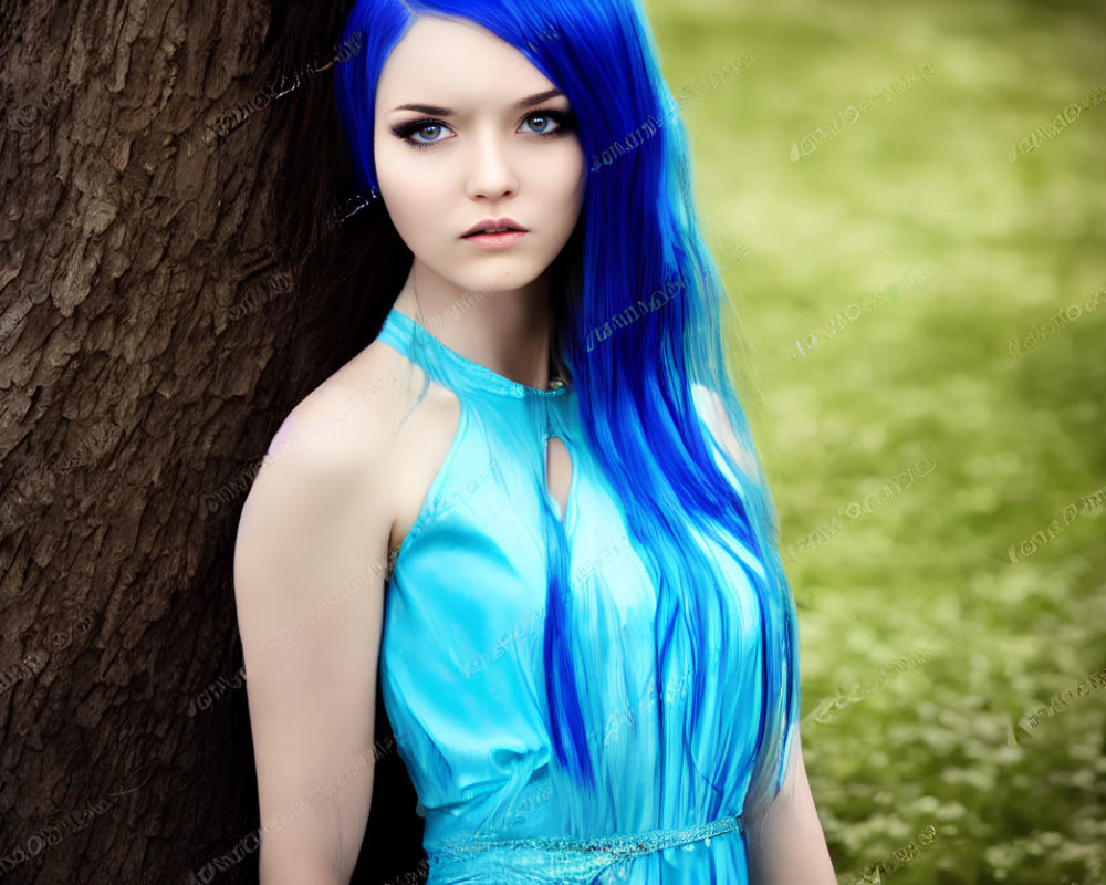 Woman with Bright Blue Hair and Dress Leaning Against Tree in Green Wooded Area