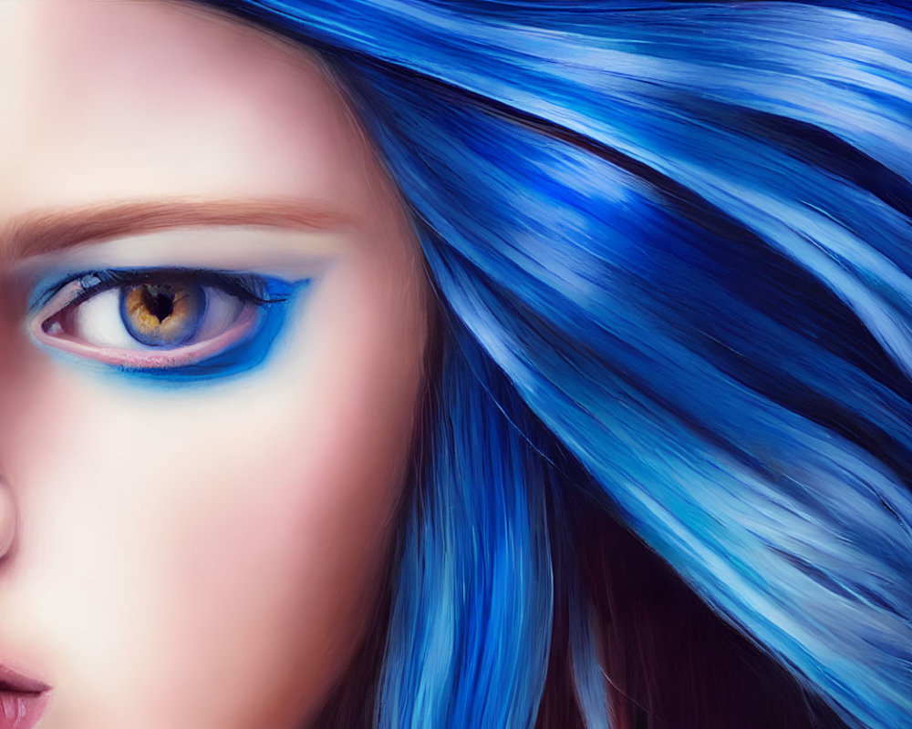 Close-Up Artistic Image: Person with Vibrant Blue Hair and Striking Yellow Eye