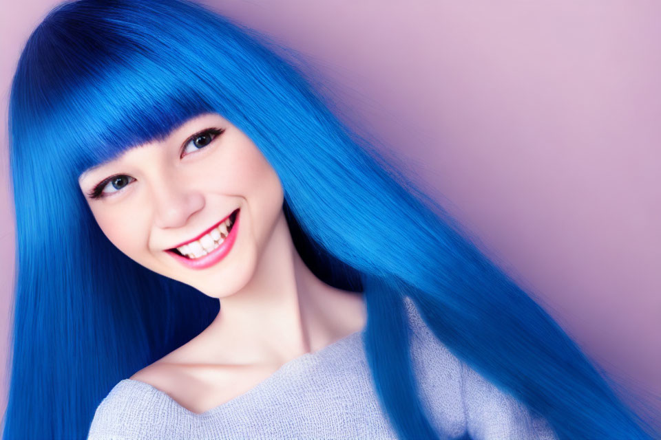 Cheerful person with bright blue hair and bangs smiling on pink background