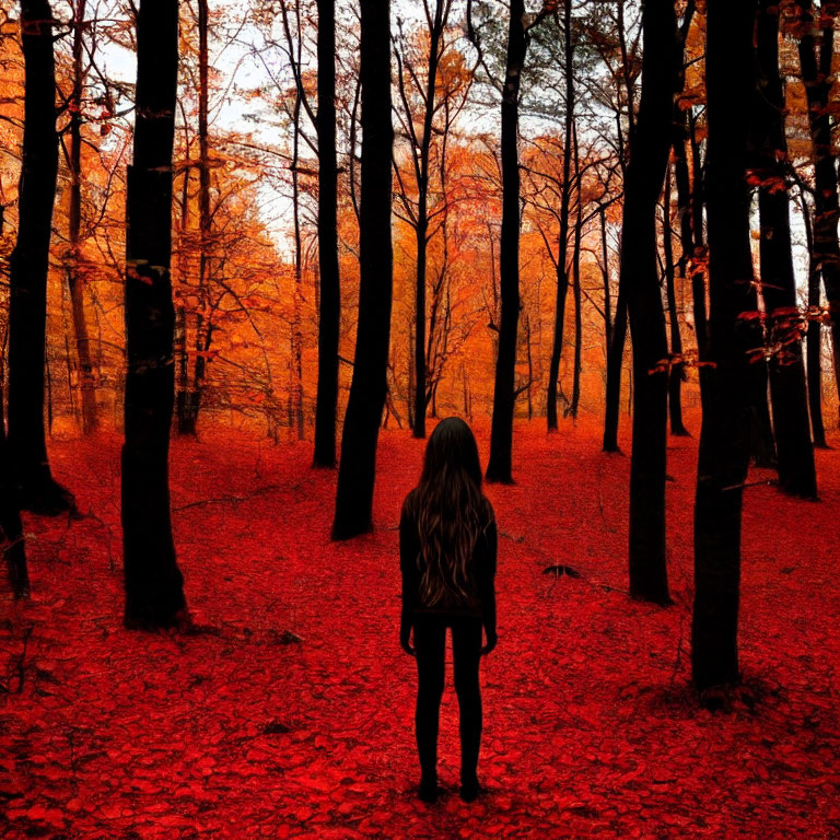 Vibrant autumn forest scene with person silhouette