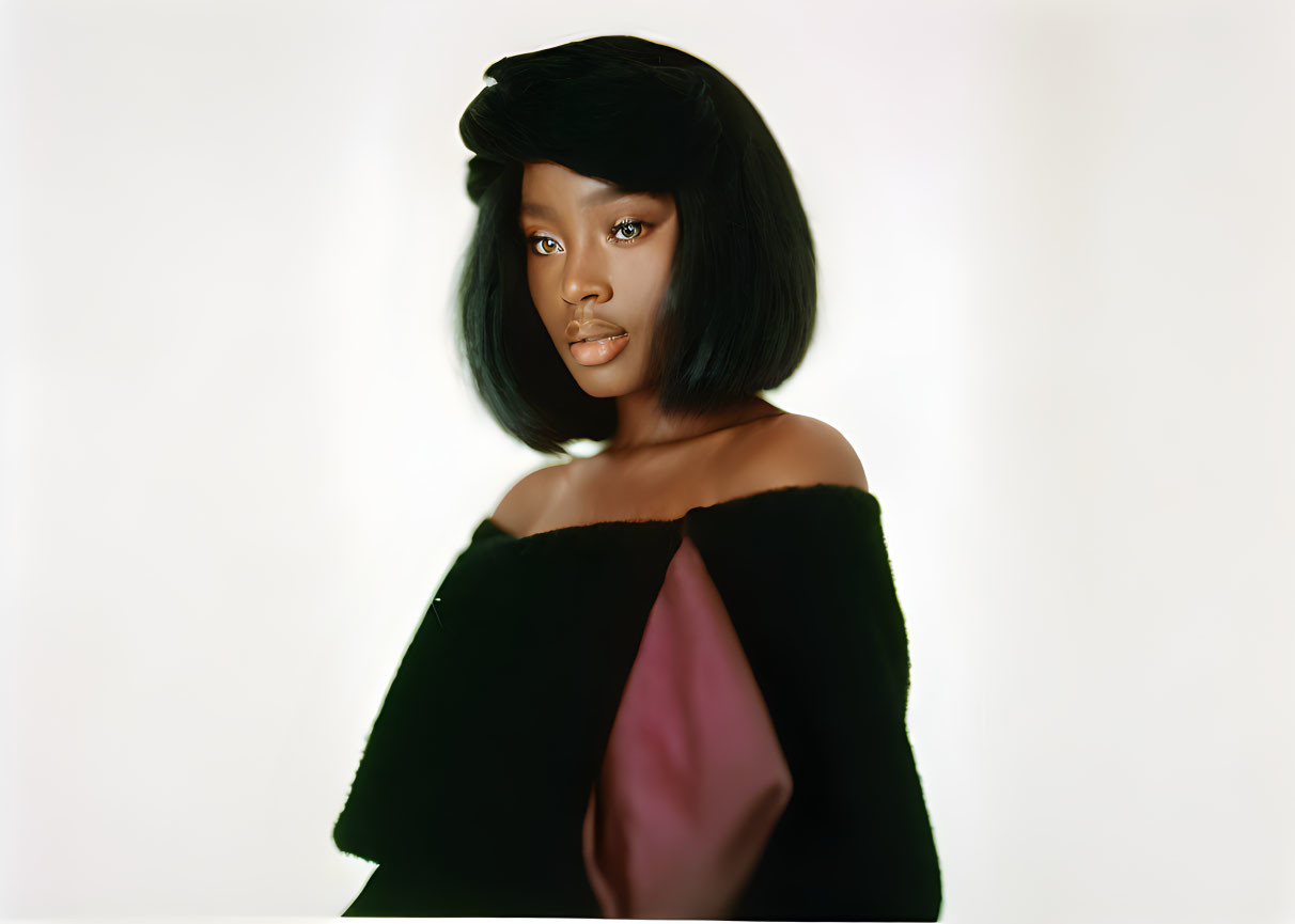 Portrait of woman with dramatic black bob haircut and dark off-shoulder top.