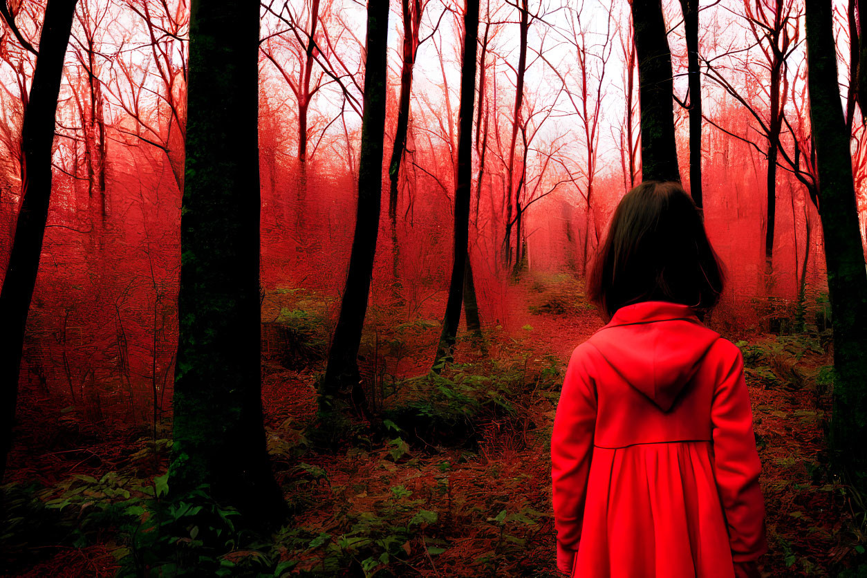 Person in Red Coat Standing in Eerie Forest with Red Lighting