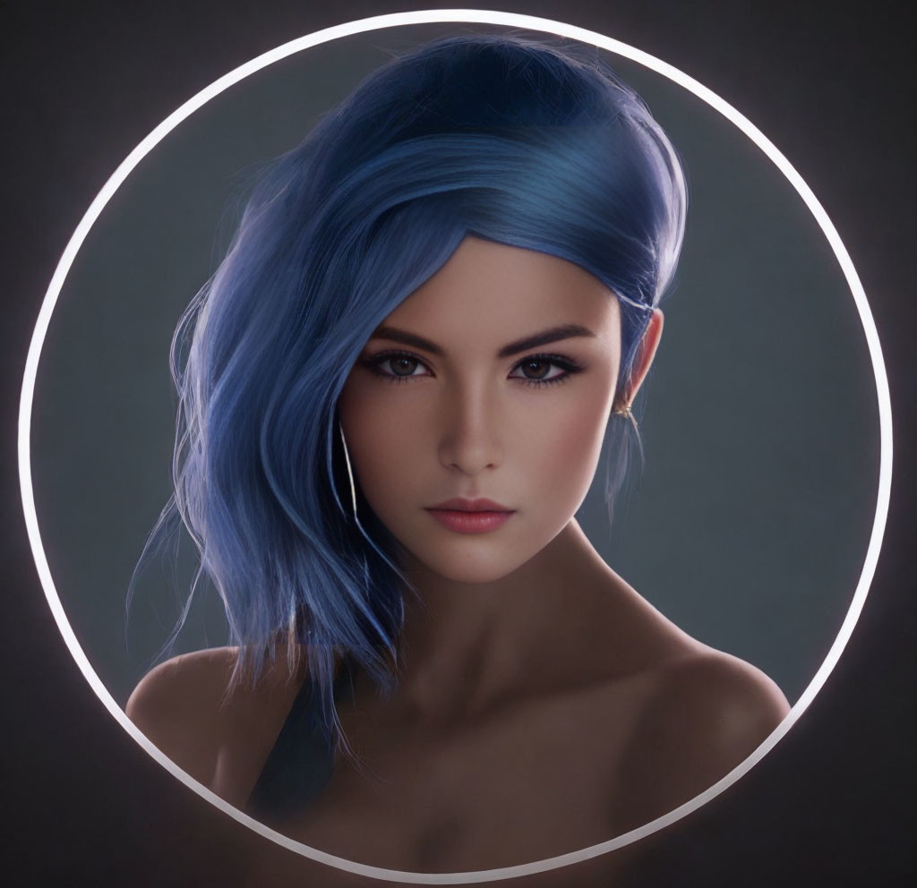 Vivid Blue Hair Woman Portrait in Circular Border