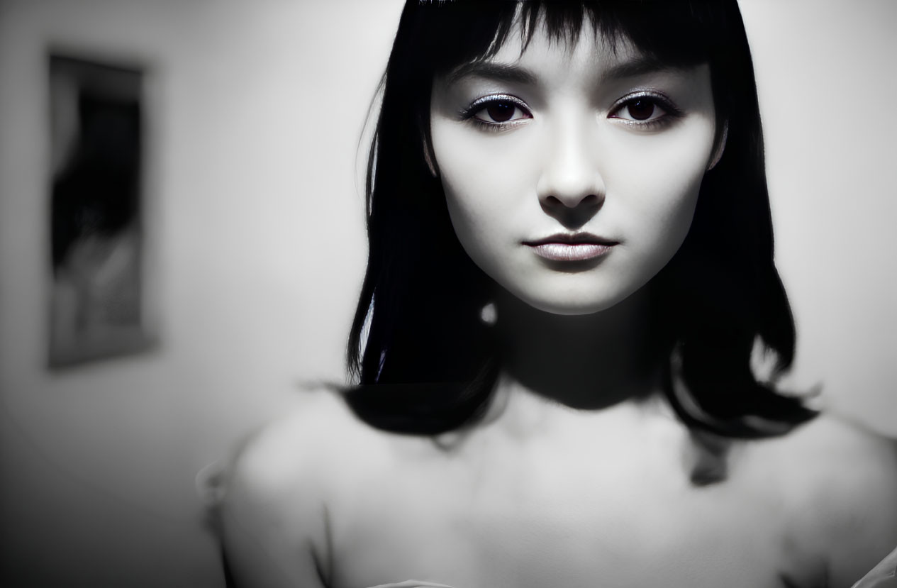 Portrait of Young Woman with Dark Hair and Bangs Staring at Camera