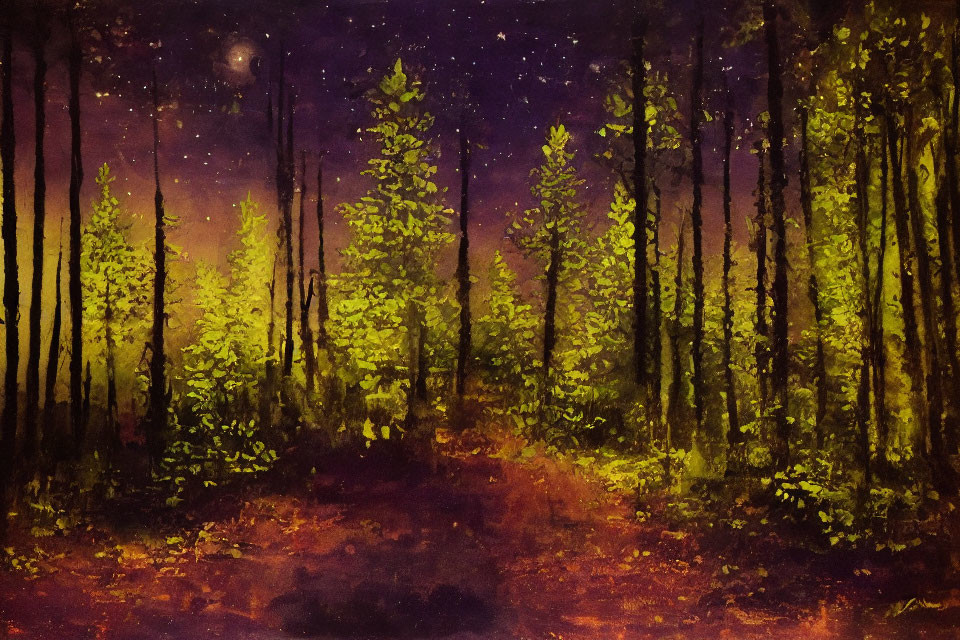 Mystical forest painting with tall trees under night sky