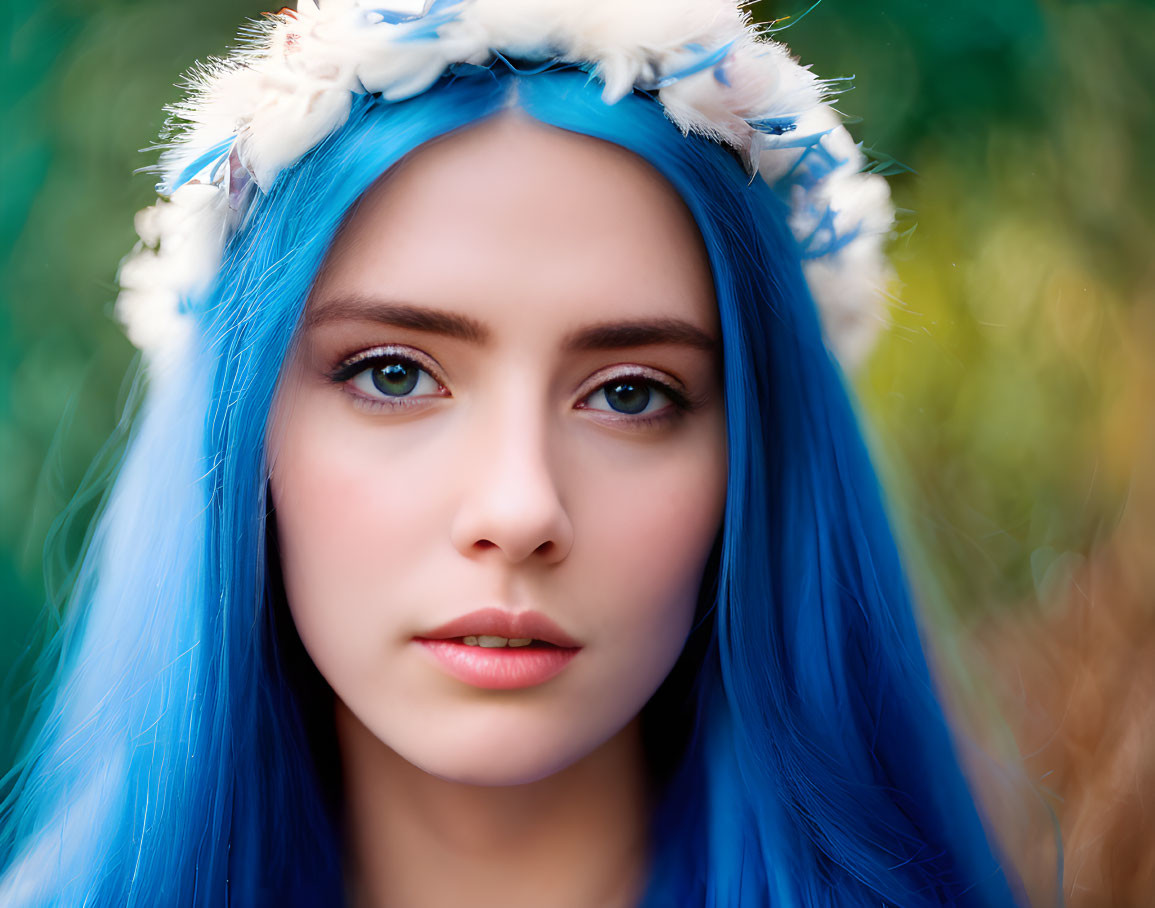 Blue-haired person with white floral headband against green background