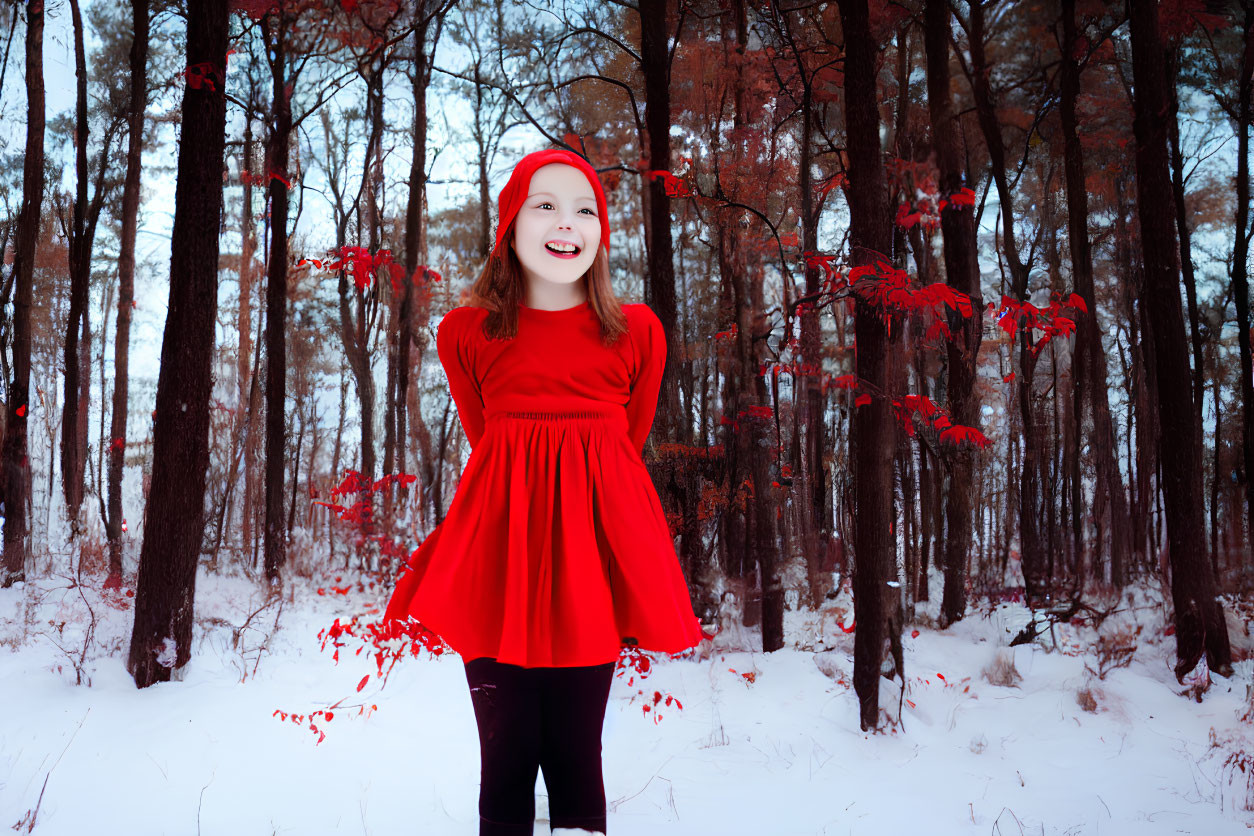 Smiling girl in red dress and beanie in snowy forest