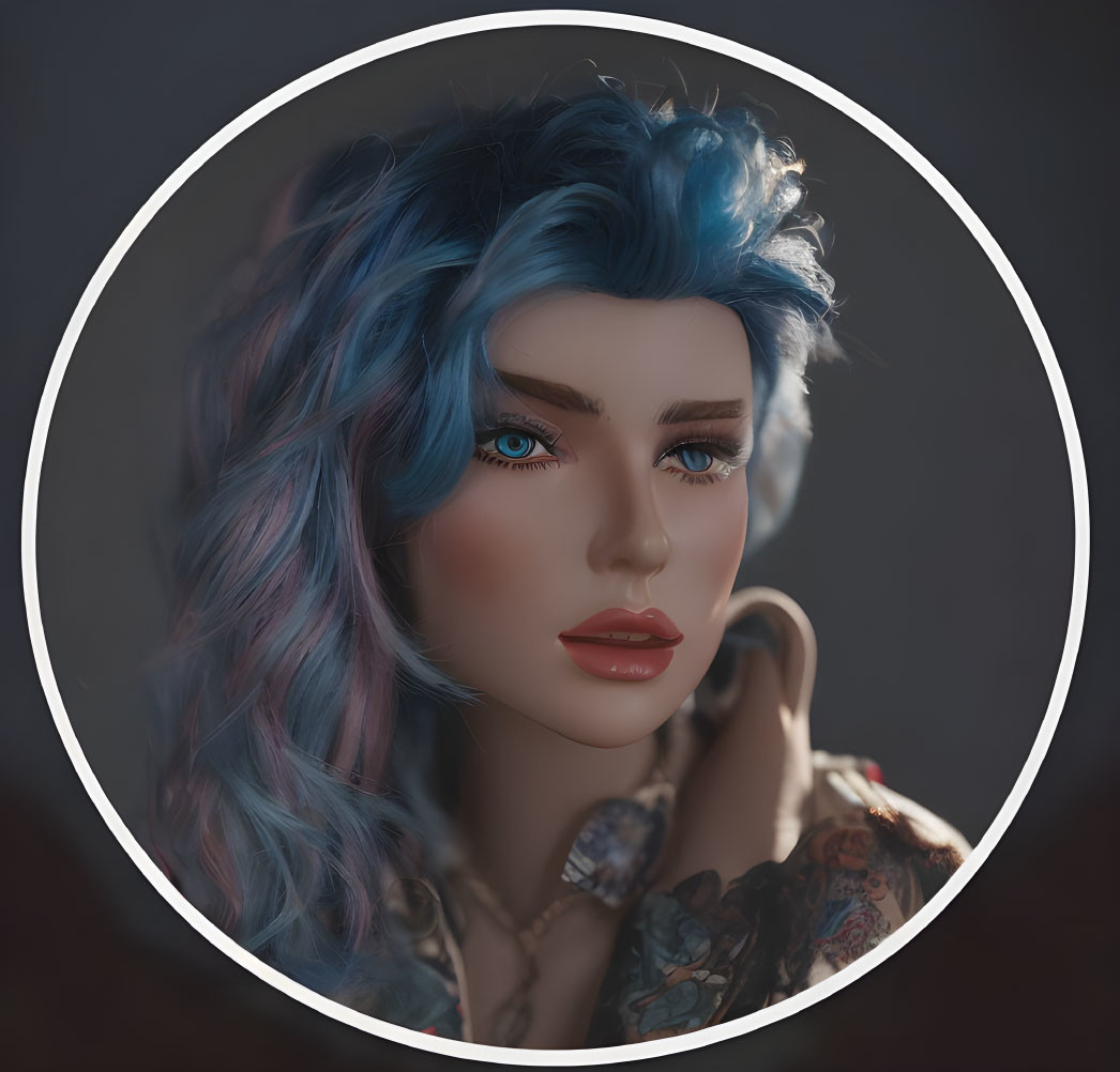 Digital Portrait: Woman with Blue and Pink Wavy Hair and Striking Amber Eyes