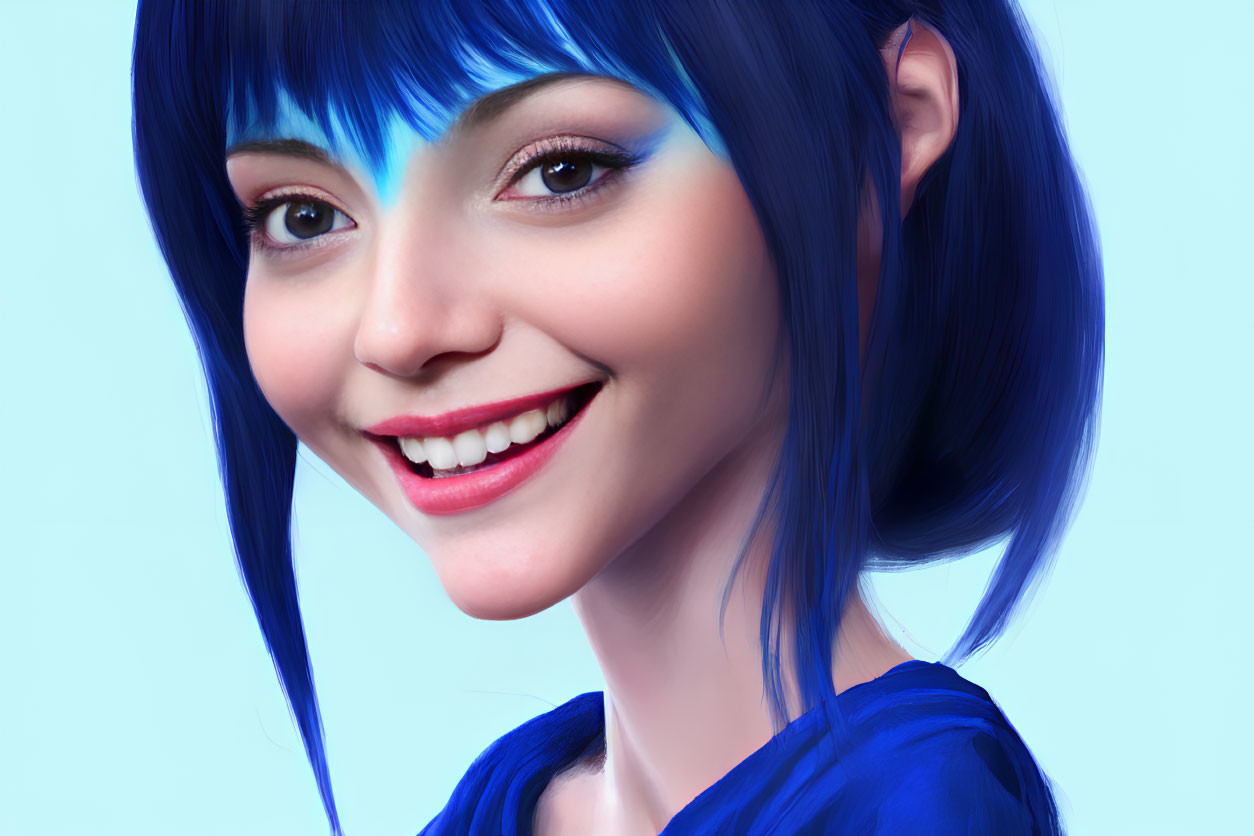 Smiling woman with blue hair and eyeshadow on blue background