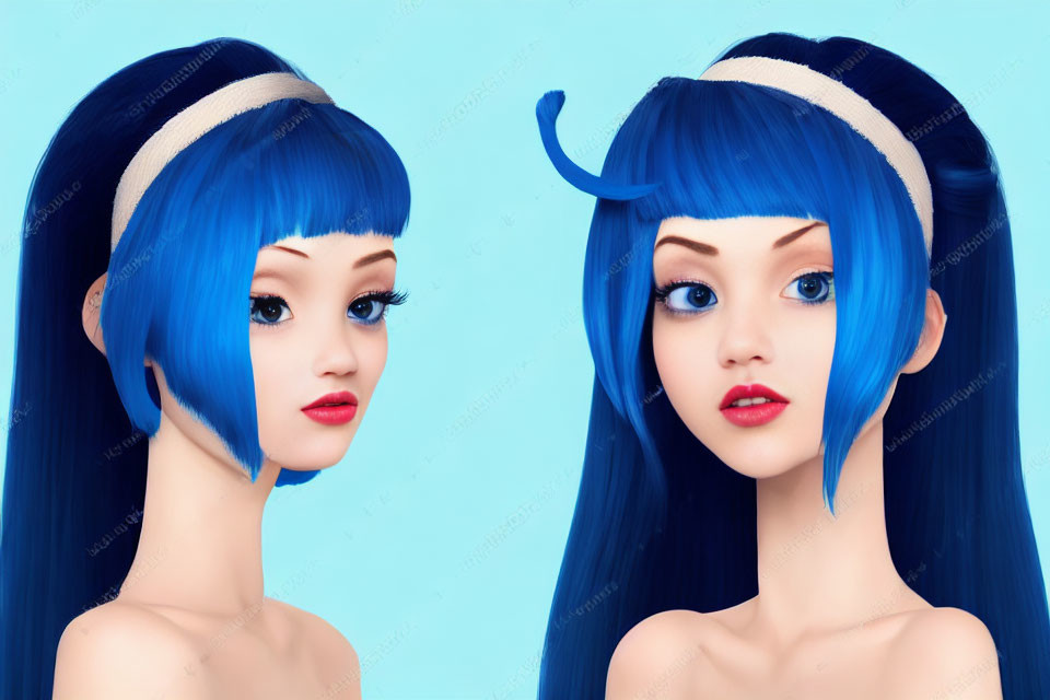 Bright blue hair 3D female character illustrations on blue background