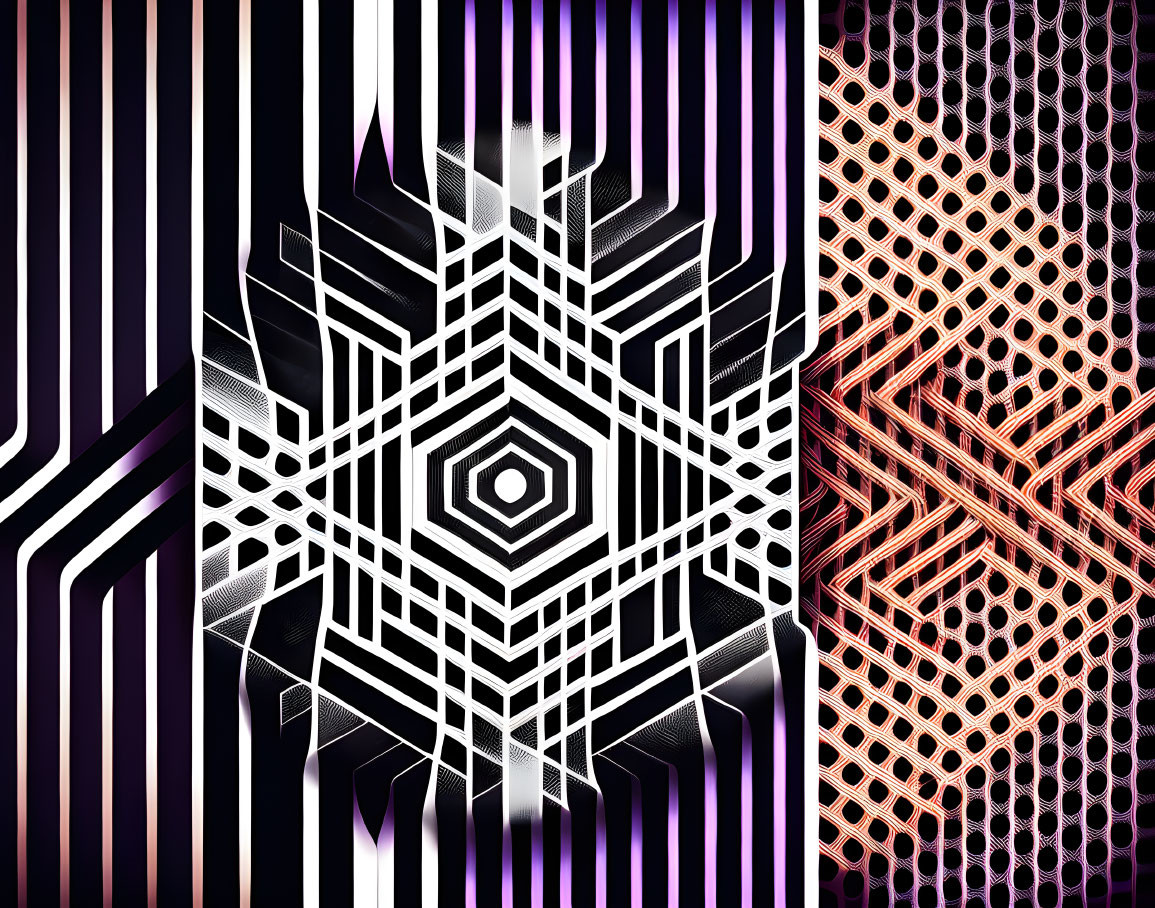 Abstract hexagonal web pattern with vertical stripes and honeycomb mesh in black, white, purple, and