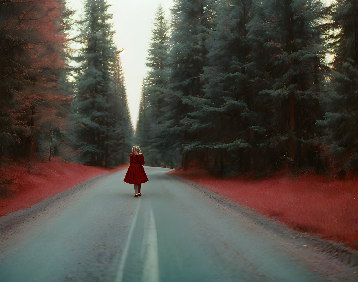 Person in Red Cloak Standing on Forest Road Among Red Evergreen Trees