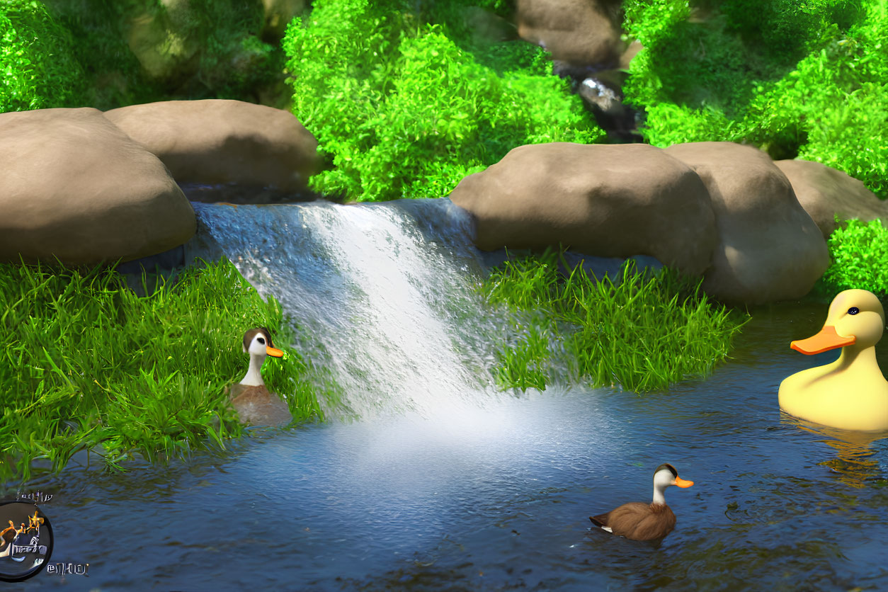 Tranquil pond scene with small waterfall, rubber duck, real duck, and lush greenery