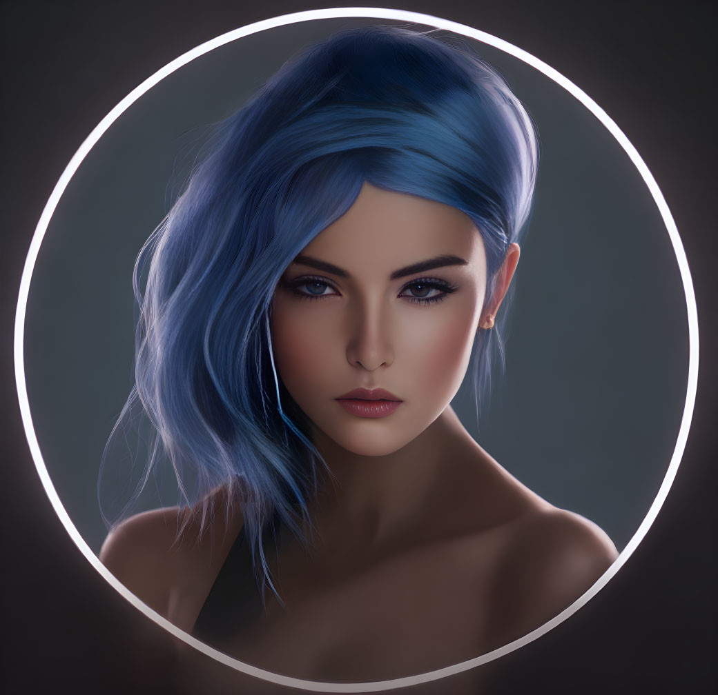 Vibrant blue hair digital portrait of a woman with sharp features