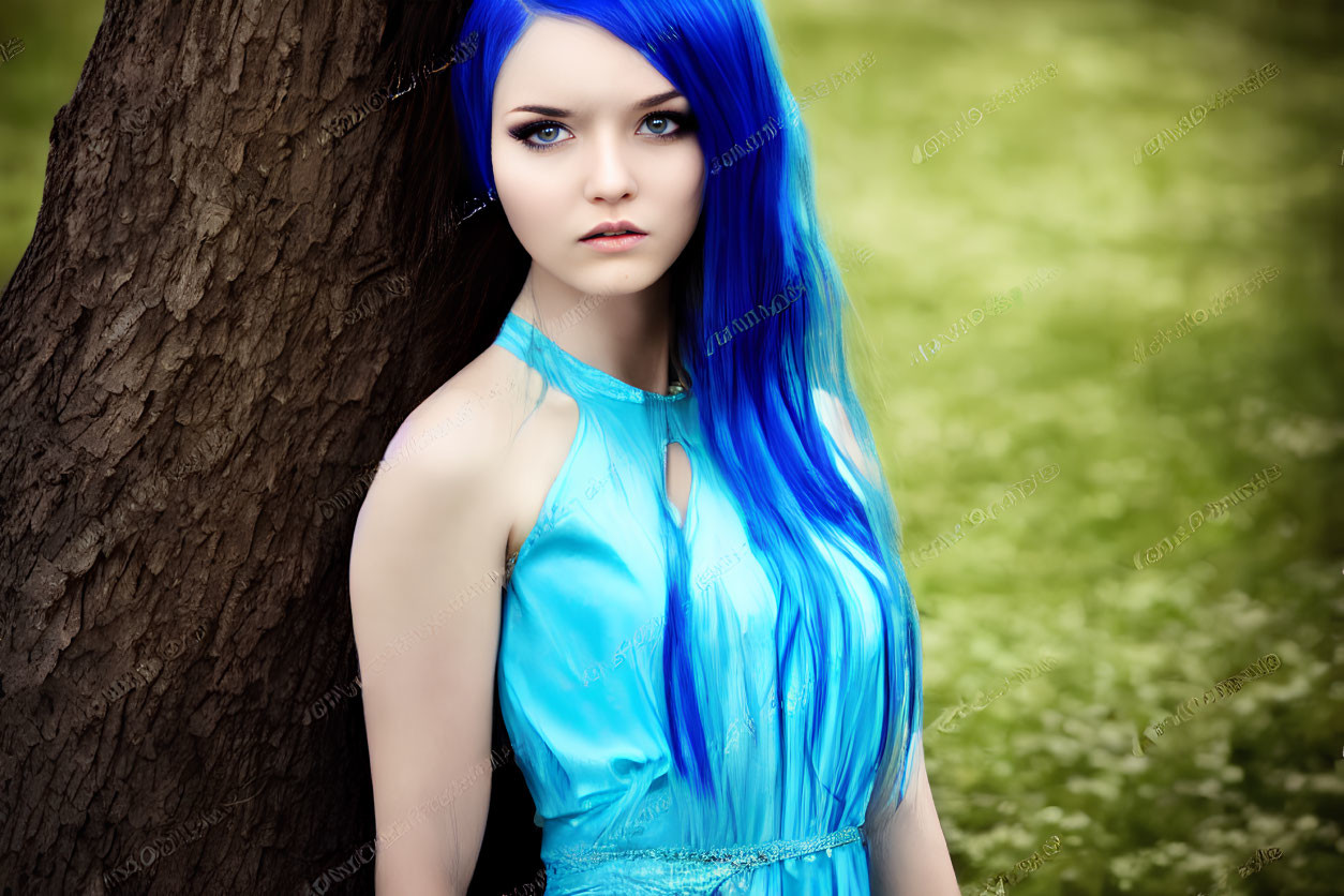 Woman with Bright Blue Hair and Dress Leaning Against Tree in Green Wooded Area