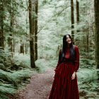 Woman in red dress on forest path with tall green trees and ferns