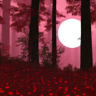 Red-tinted forest with white moon, figures, and red leaves