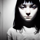 Portrait of Young Woman with Dark Hair and Bangs Staring at Camera