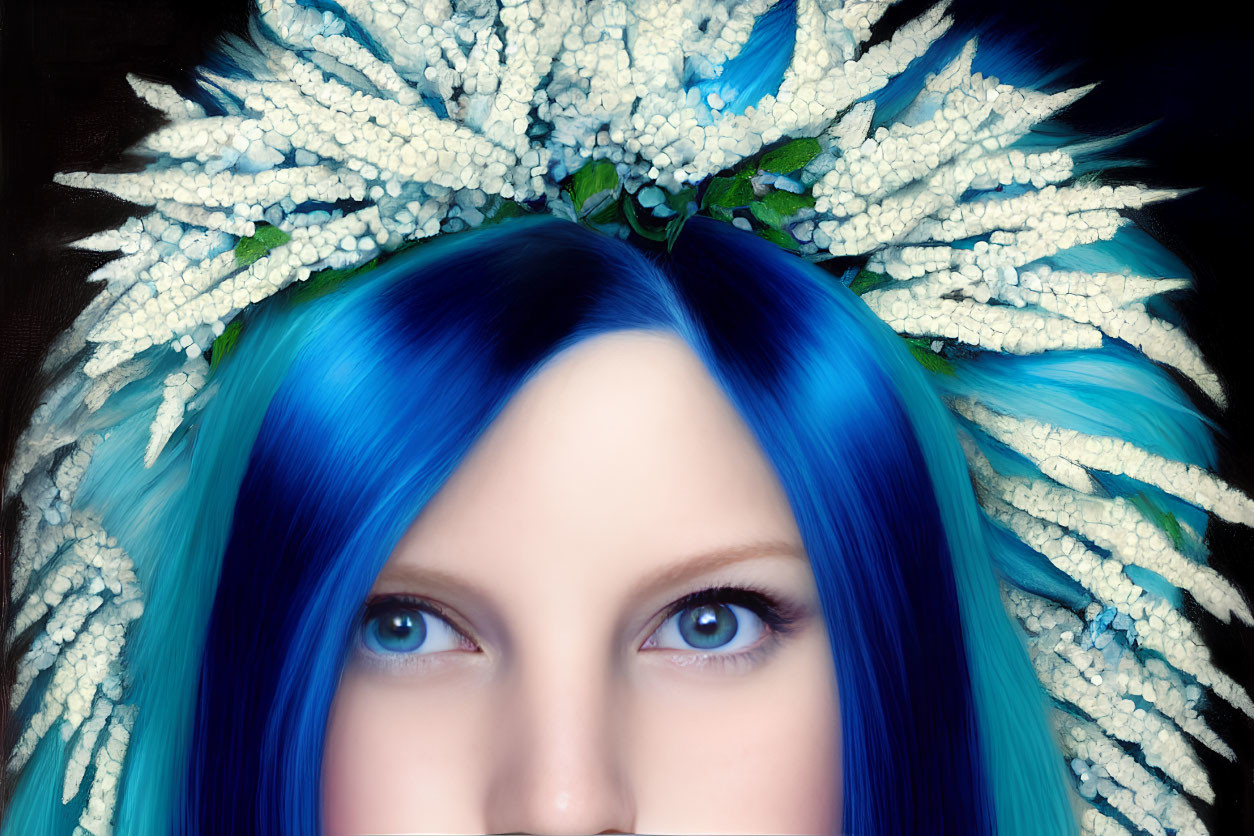 Vibrant blue hair and eyes with white blossom headdress on dark backdrop