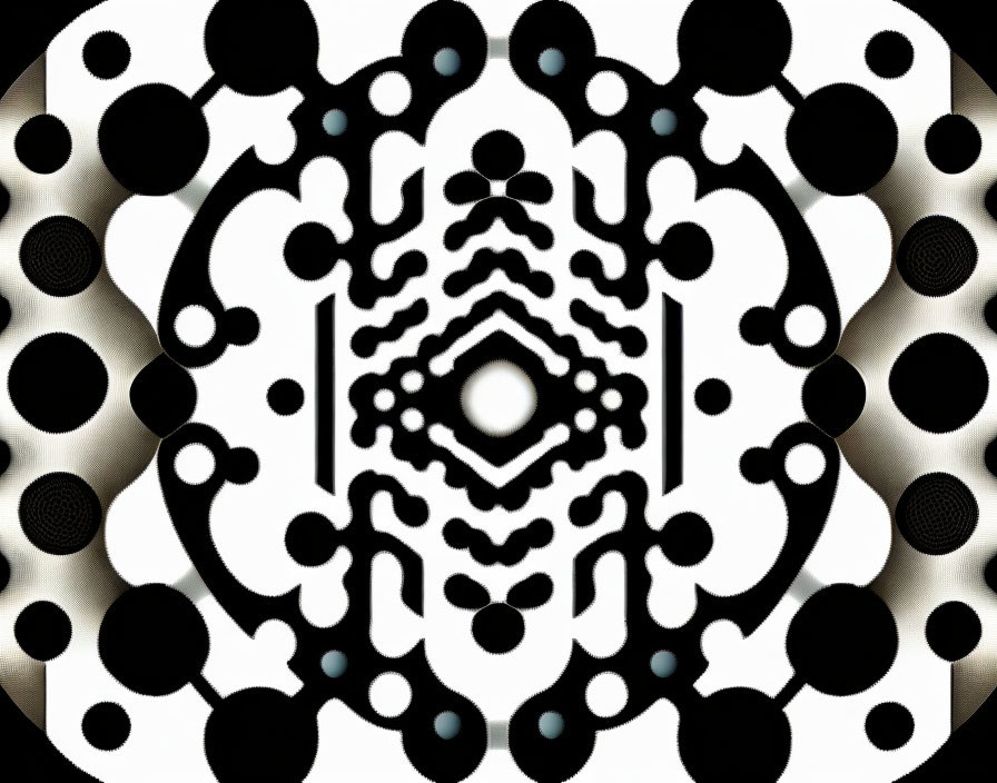 Symmetrical black and white abstract pattern with central focus and circular elements for optical illusion.