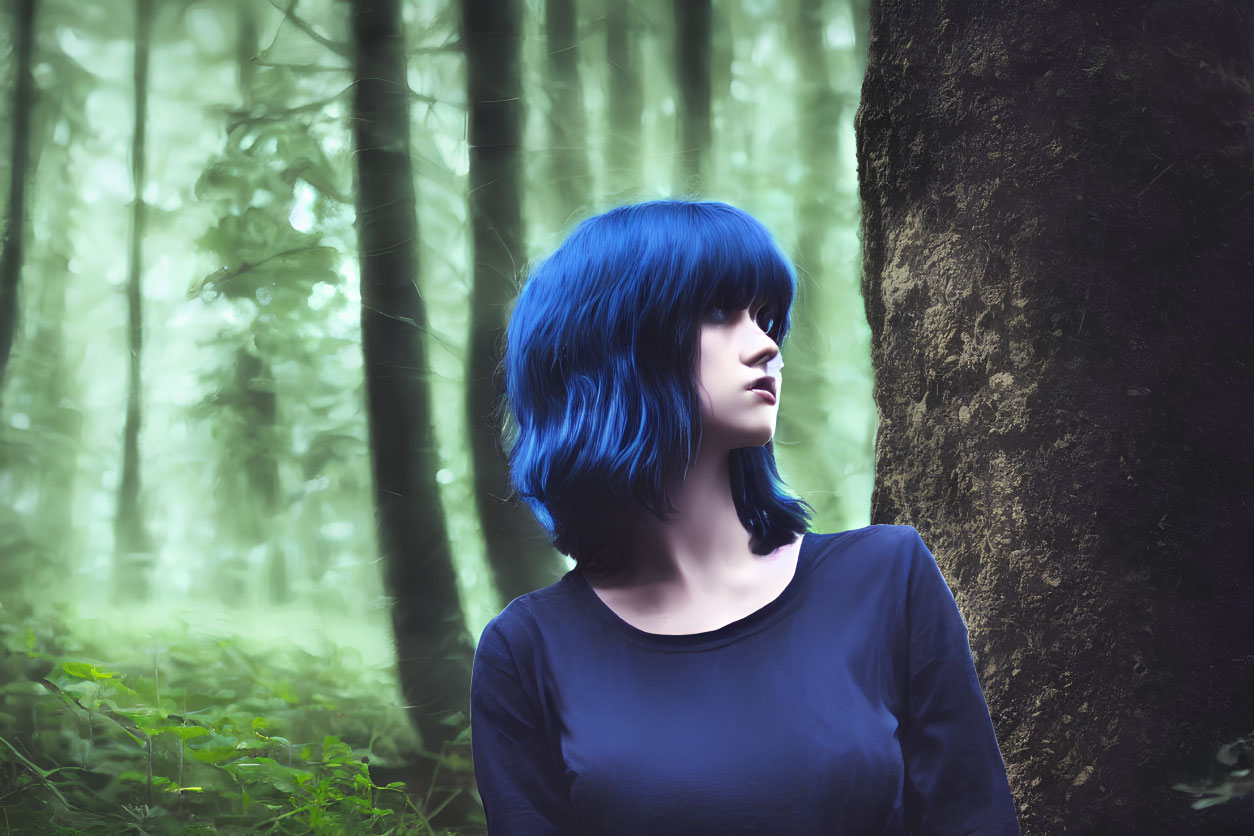 Vibrant blue-haired person in misty forest beside tree