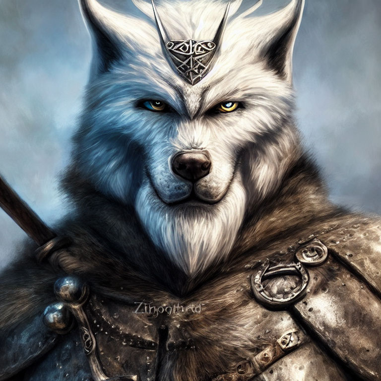 Majestic anthropomorphic wolf warrior with spear and mystical amulet