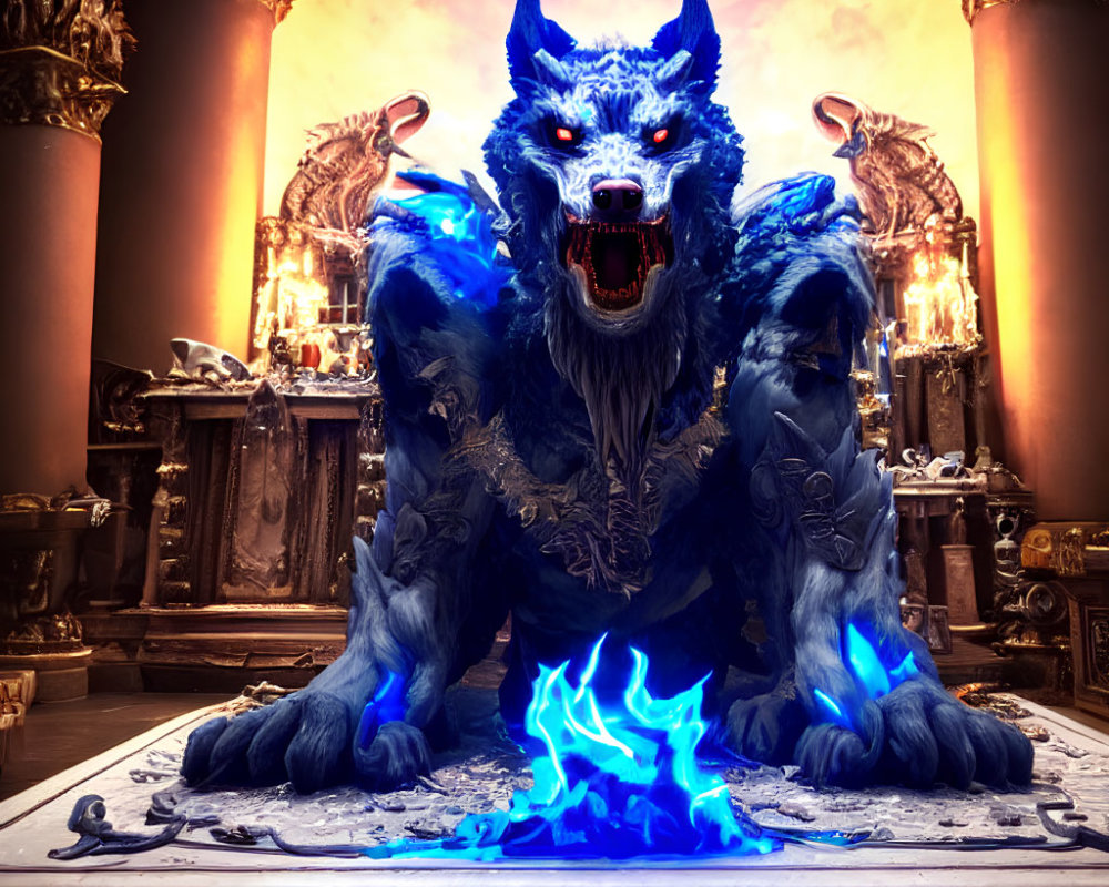 Majestic blue wolf with red eyes in ornate chamber