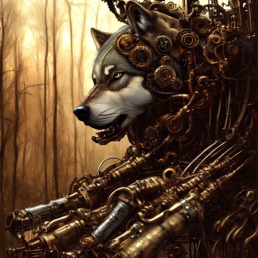 Steampunk-style wolf with mechanical parts in golden forest