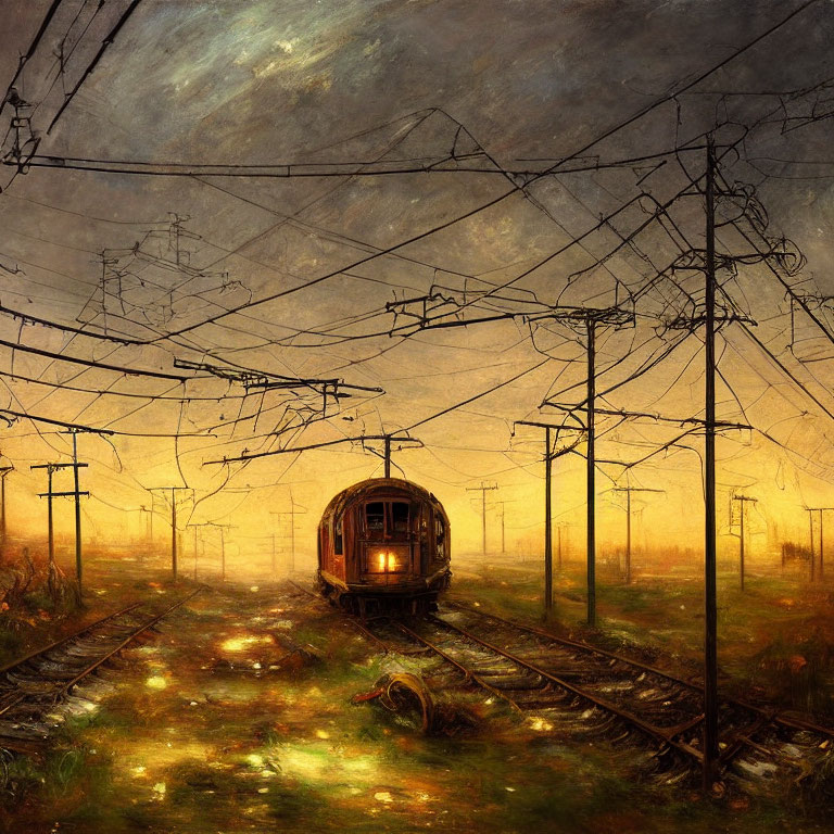 Abandoned tram on railway tracks in post-apocalyptic landscape