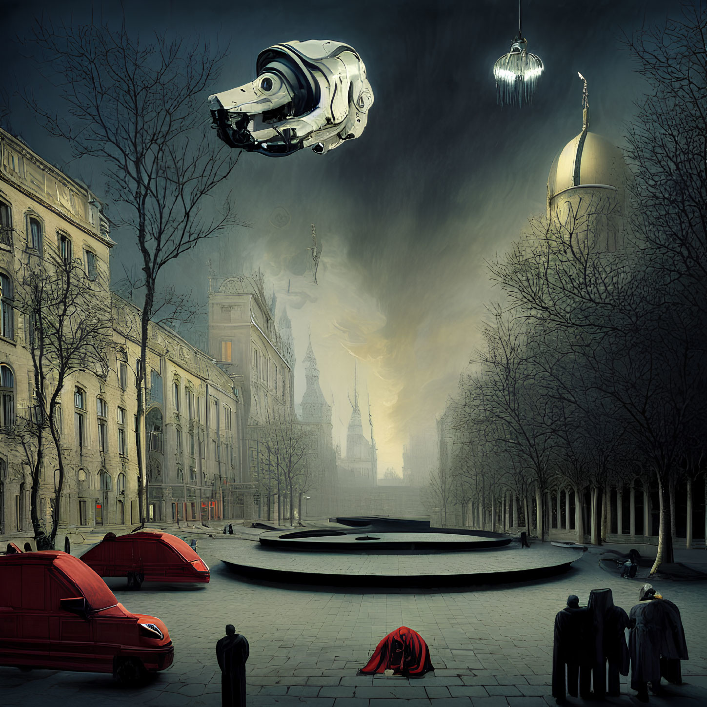 Dark urban scene with flying car, vintage attire, red vehicles, and futuristic elements mixed with classical architecture