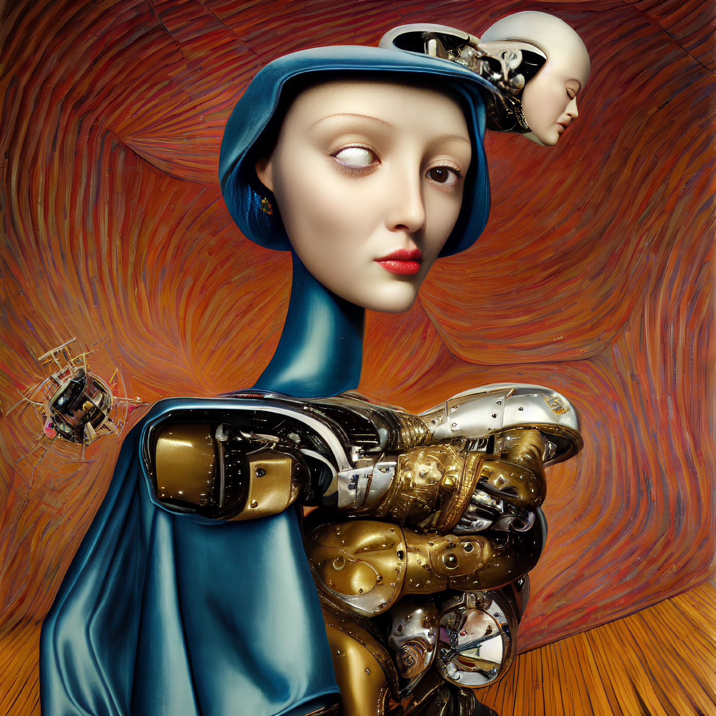 Surrealist artwork: female figure with robotic arm in blue attire against warm-toned abstract backdrop