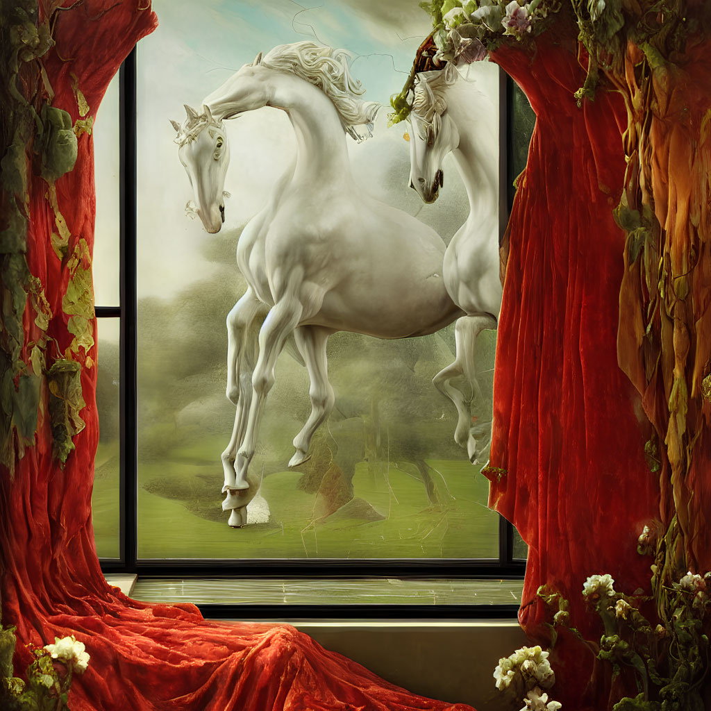 Majestic white unicorns in front of red velvet curtains