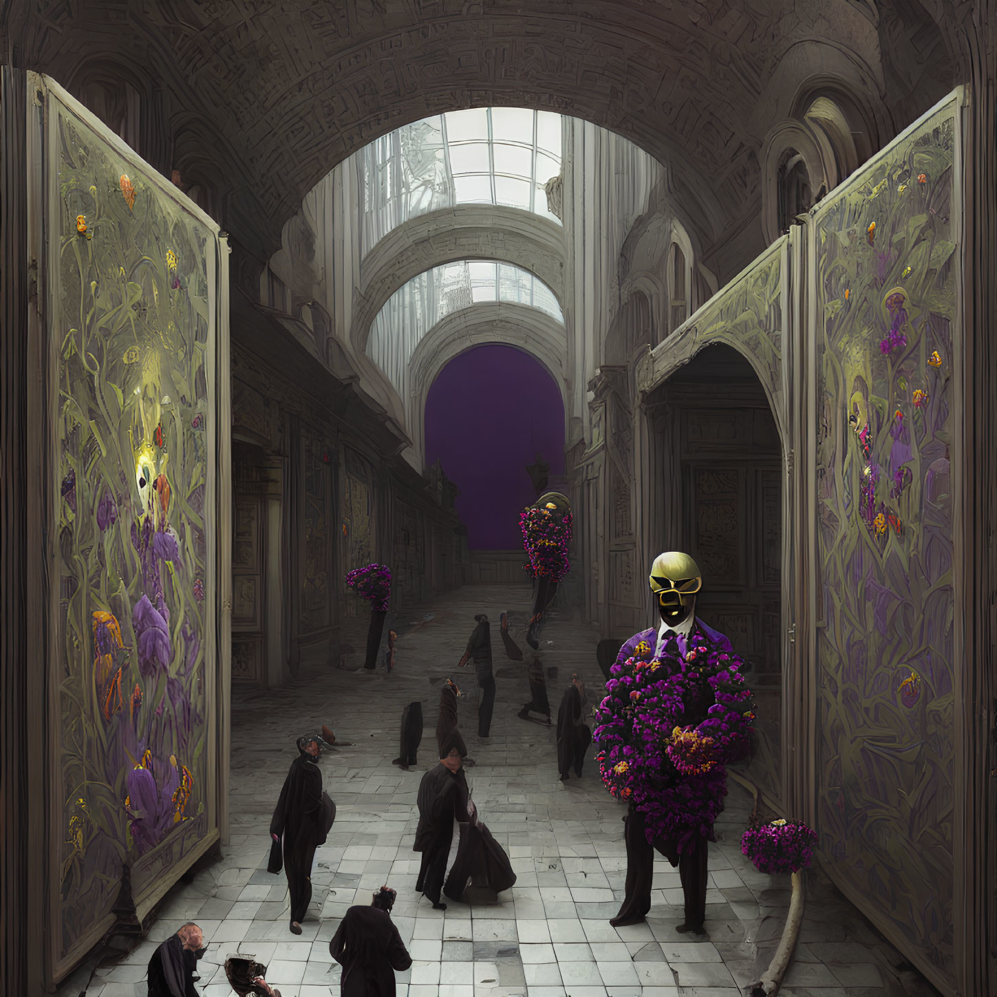 Luxurious hallway with dark-clad figures, ornate double doors, vibrant flowers, and a skull