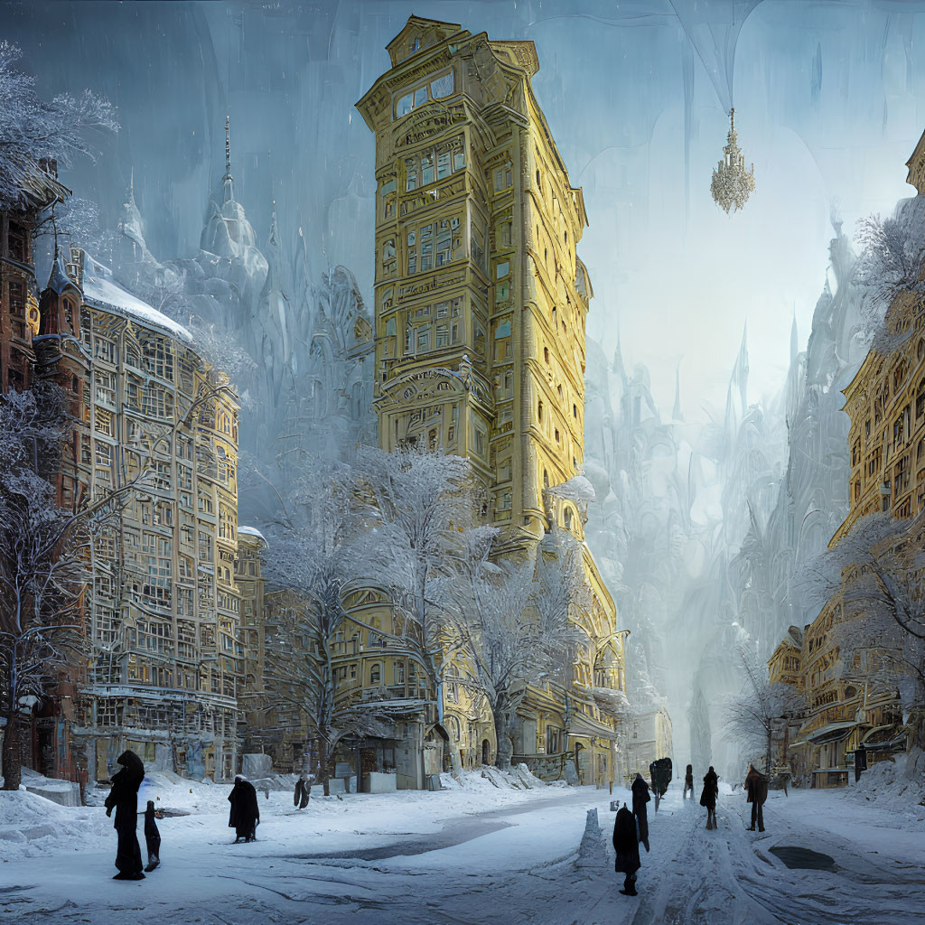 Winter scene: Snowy street, people walking, ornate buildings, frozen sky, chandelier above