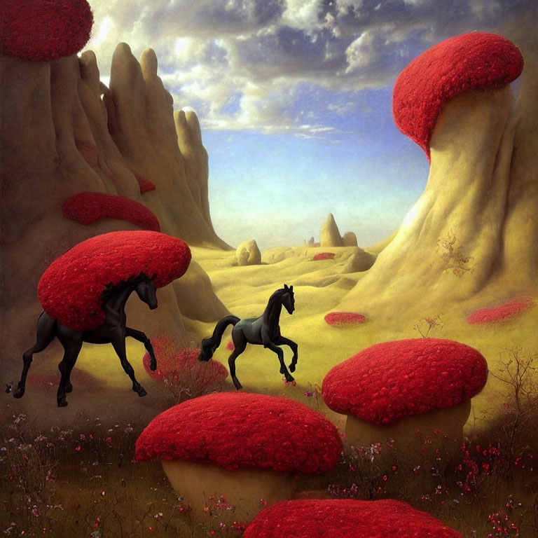 Surreal landscape with oversized red-capped mushrooms and black horses running at twilight